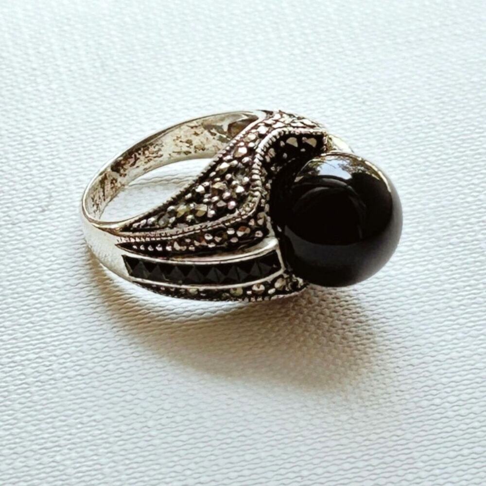 Vintage Sterling Silver Black Onyx Marcasite Dome Ring - Size 7.5, Deco Revival